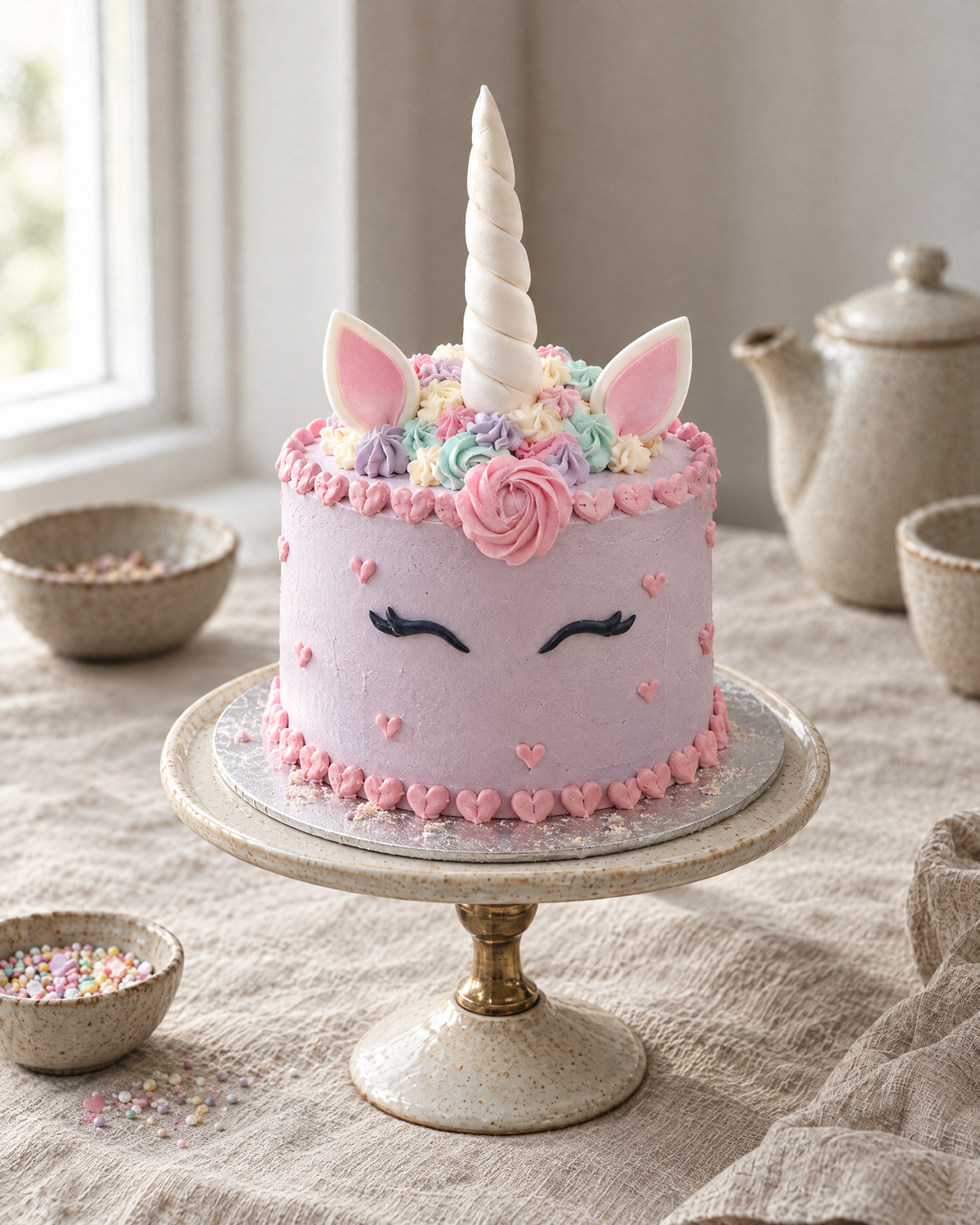 Lilac cake with piped pink hearts, a unicorn horn, ears and a rosette mane