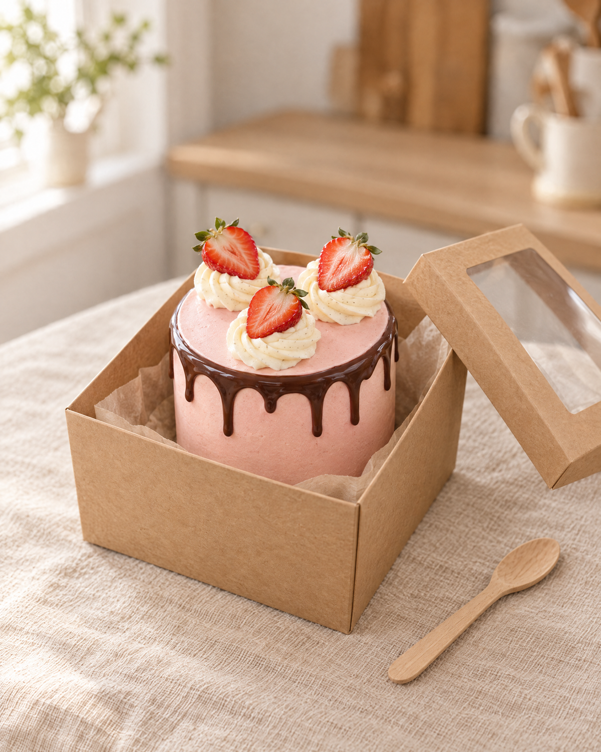 Small pink bento cake with a chocolate drip, rosettes and strawberries