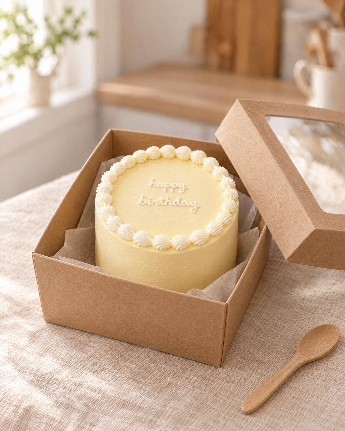 Small yellow bento cake with a white shell border and happy birthday piped on top