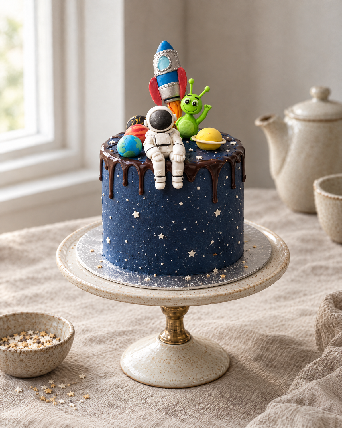 Navy starry cake with a chocolate drip, a spaceman, rocket, alien and planets on top