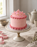 Pink cake with piped heart borders and a pink princess tiara on top
