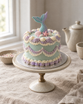 Sea-green cake with lilac and ivory Lambeth piping, a mermaid tail, shells and a starfish