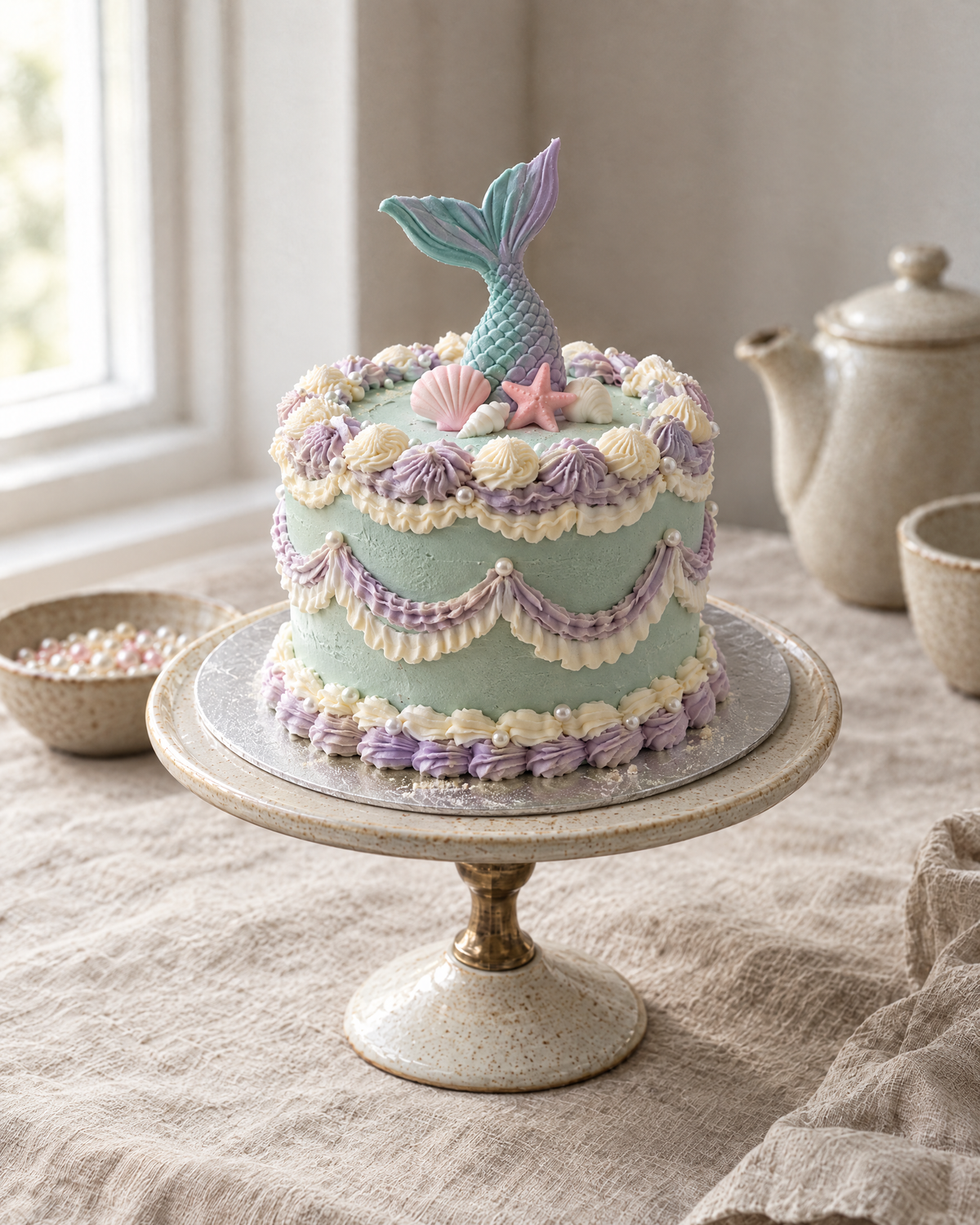 Sea-green cake with lilac and ivory Lambeth piping, a mermaid tail, shells and a starfish