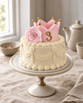 Vintage piped ivory cake with a pink sugar crown and rose topper