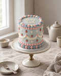 Baby Name Lambeth Cake: a tall round cake in smooth pale blue-grey buttercream with pink and blue shell borders, little piped strawberries and white daisies dotted over the sides