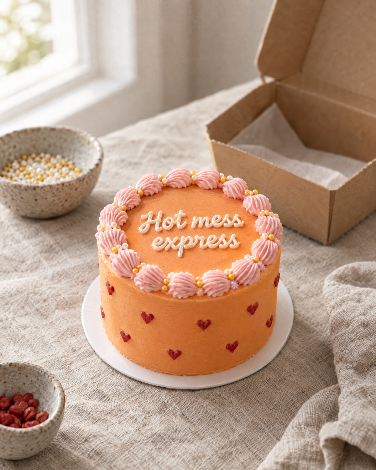 Cheeky Message Bento: a 4 inch bento cake in smooth orange buttercream with a pink shell border and small red piped hearts round the side