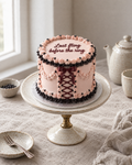 Lingerie Lambeth Cake: smooth blush buttercream with burgundy lace piping like a corset: criss-cross lacing piped up the front with a burgundy satin bow at the top, frilled black lace edges at the top and base, and small black sugar pearls