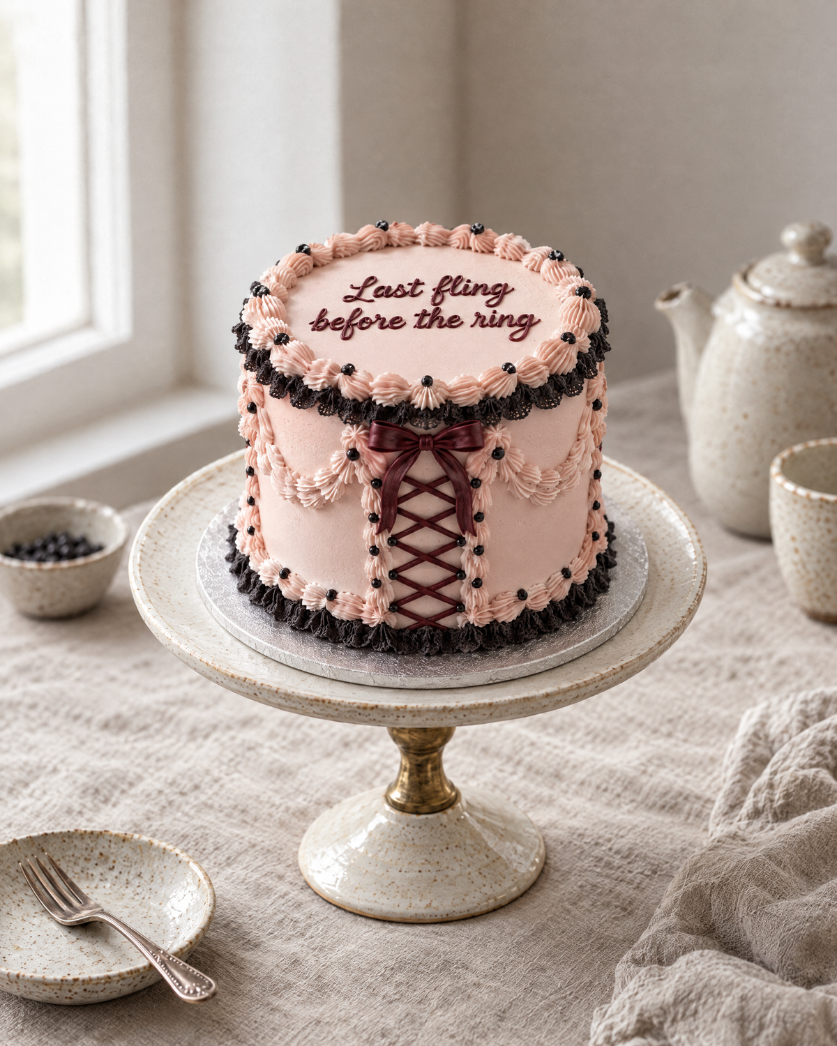Lingerie Lambeth Cake: smooth blush buttercream with burgundy lace piping like a corset: criss-cross lacing piped up the front with a burgundy satin bow at the top, frilled black lace edges at the top and base, and small black sugar pearls