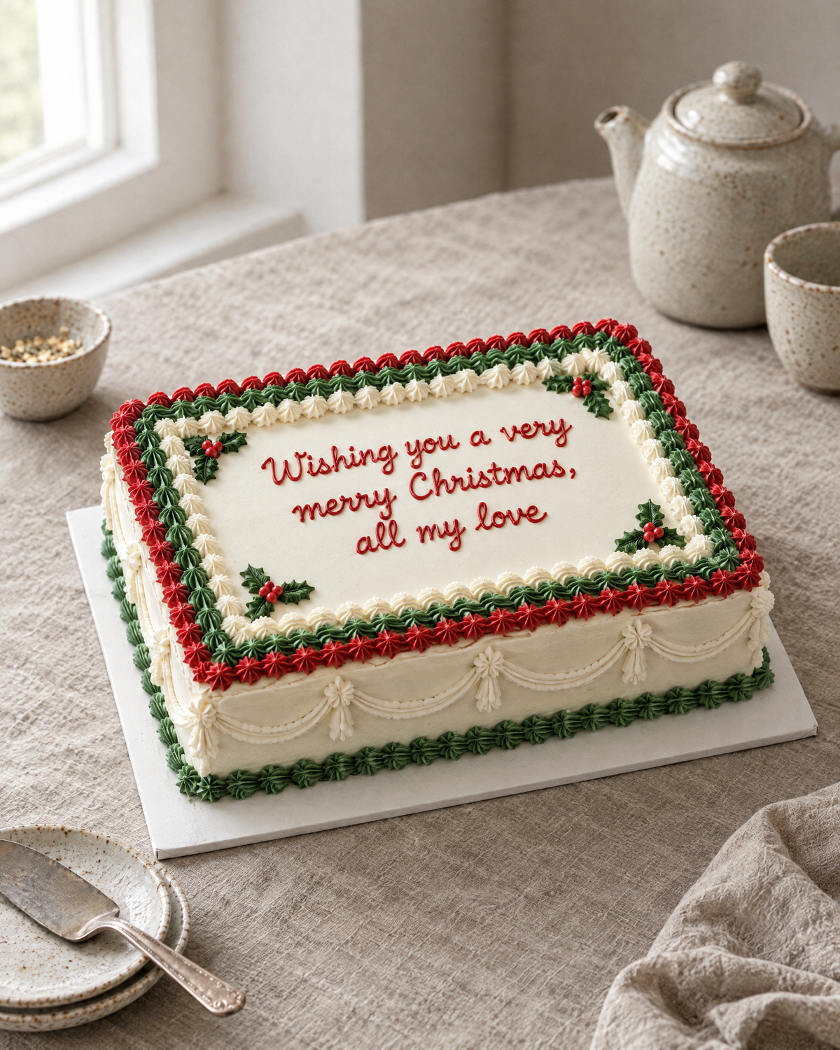 Christmas Letter Sheet Cake, a white rectangular sheet cake with red and green ruffled borders, holly sprigs and Wishing you a very merry Christmas, all my love piped on top