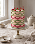 Tall Lambeth Cake: a tall double-height round cake, about one and a half times as tall as it is wide, in smooth pale pink buttercream