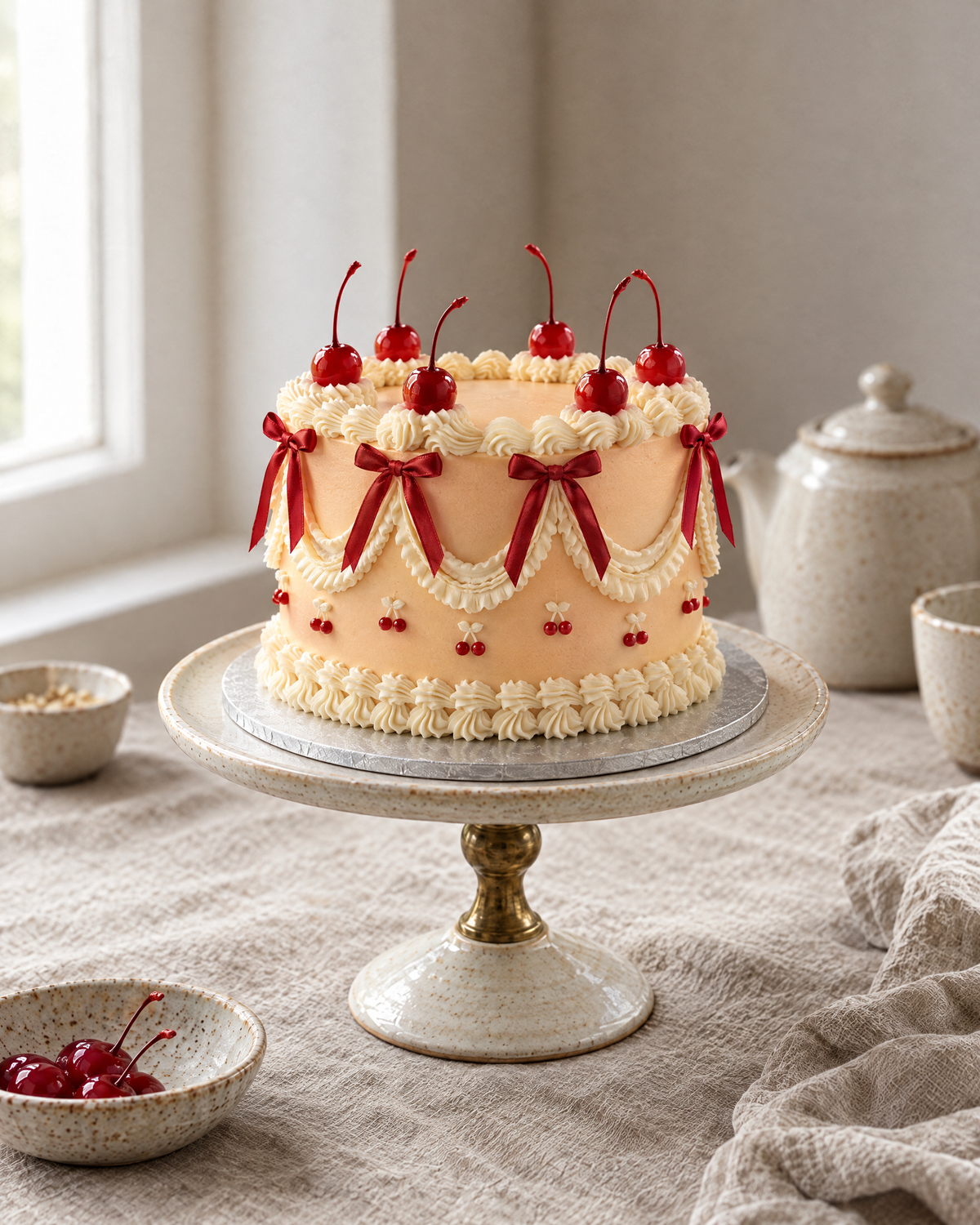 Cherry Bow Lambeth Cake: smooth apricot buttercream with cream frills and drapes