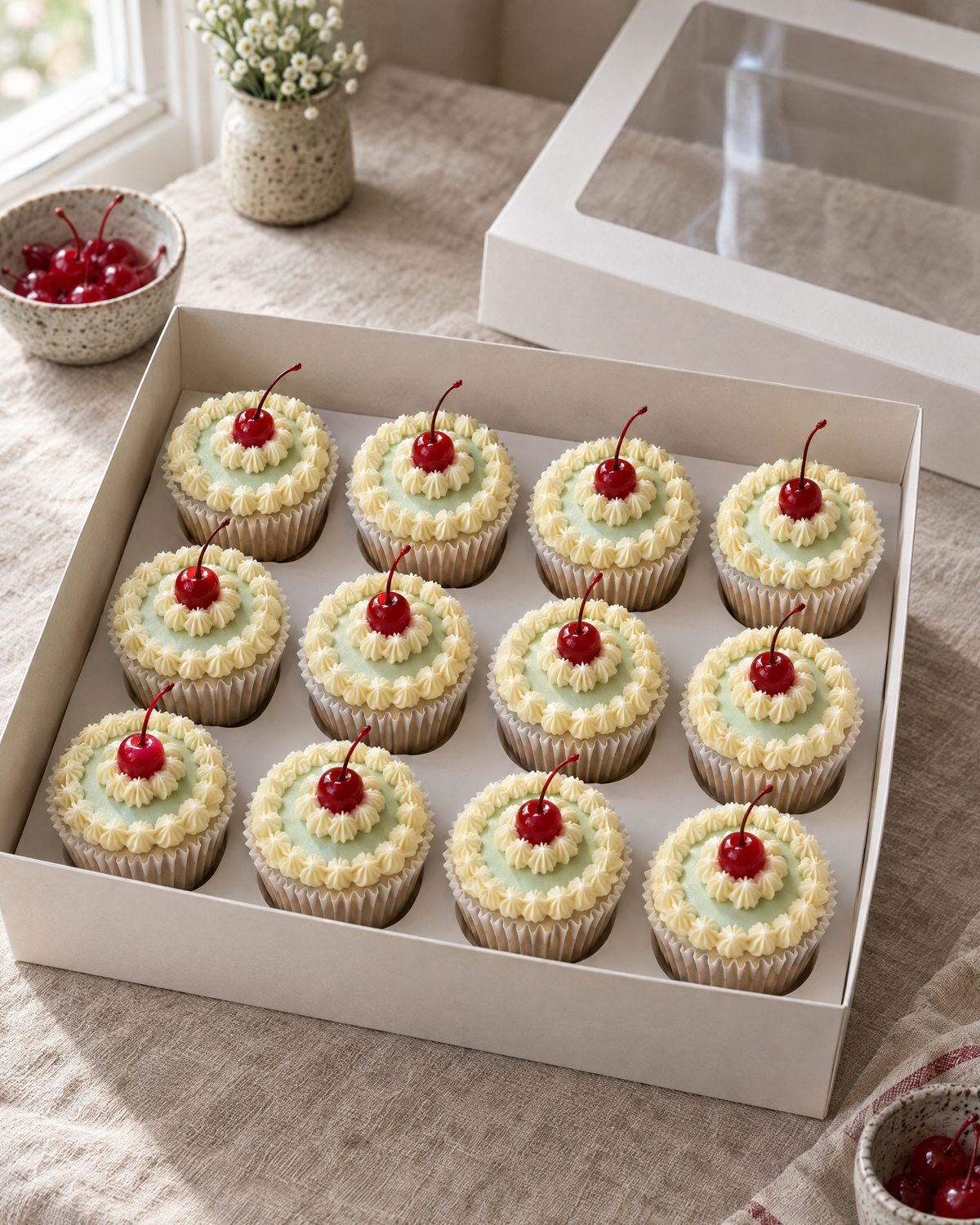 Lambeth Cupcakes: twelve cupcakes in white cases, each with a flat-topped round of mint buttercream piped like a little Lambeth cake: a cream frilled edge, a ring of tiny shells and one red glacé cherry with a stem in the middle