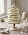Two Tier Lambeth Cake: a two-tier round cake, a 6 inch tier on an 8 inch tier, both in smooth cream buttercream with sage green Lambeth piping: shell borders, two rows of swags on each tier and fine drop lines