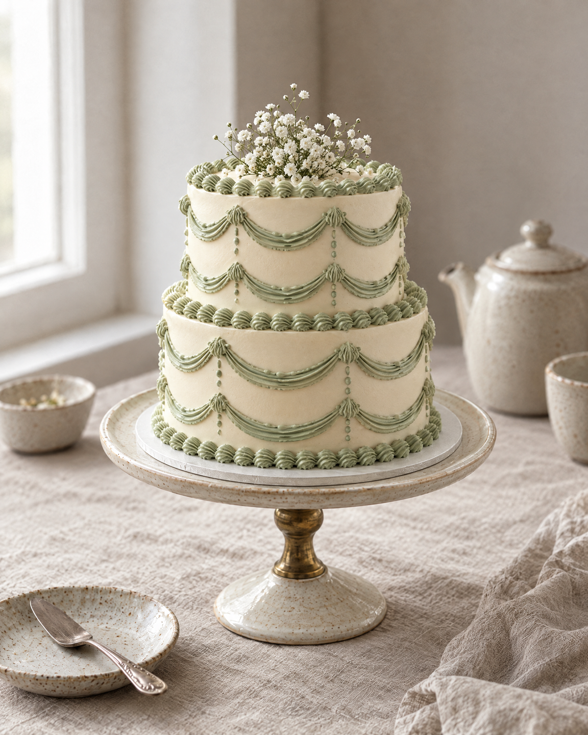 Two Tier Lambeth Cake: a two-tier round cake, a 6 inch tier on an 8 inch tier, both in smooth cream buttercream with sage green Lambeth piping: shell borders, two rows of swags on each tier and fine drop lines