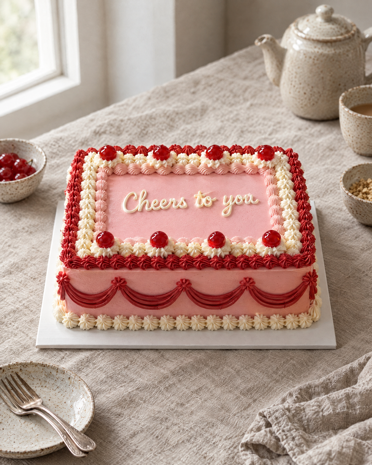 Vintage Sheet Cake: a rectangular two-layer sheet cake in smooth pink buttercream