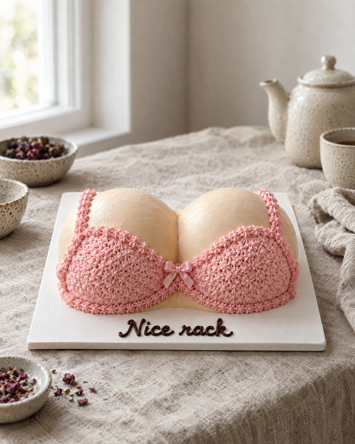 Boob Cake: a playful novelty cake shaped like a woman's bust wearing a bra, seen from the front: two smooth rounded dome cakes side by side covered in skin-toned buttercream, wearing a pale pink bra piped in lace-effect buttercream with a small satin bow in the middle, frilled pink straps piped up to the board's edge