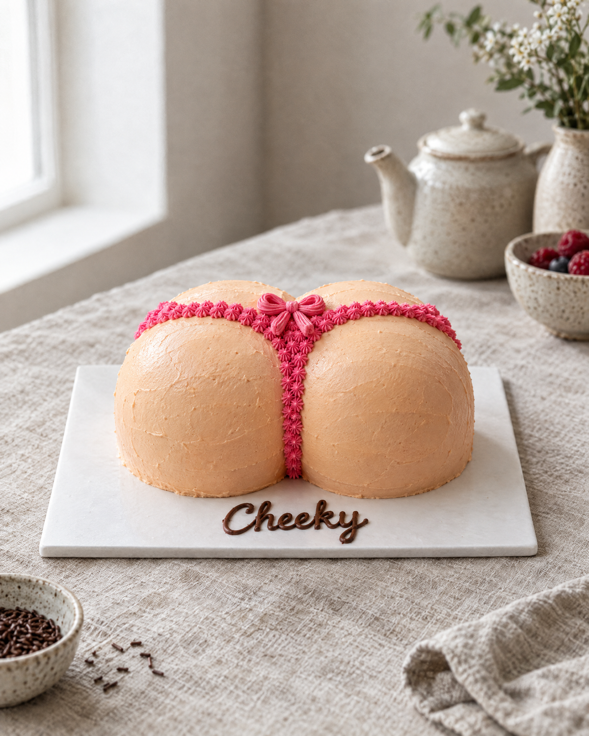 Cheeky Bum Cake: a playful novelty cake shaped like a peachy bottom seen from behind: two smooth rounded halves side by side covered in skin-toned buttercream, wearing a hot pink lace G-string piped in buttercream with a tiny bow at the top