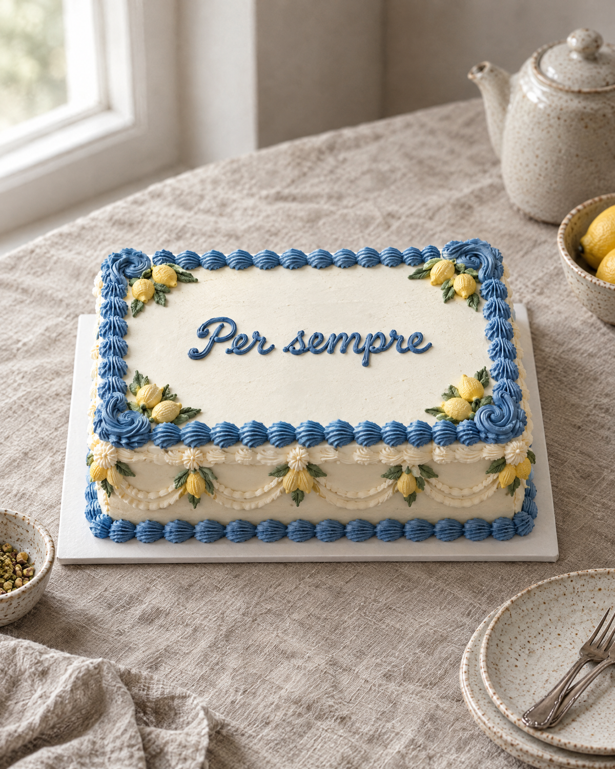 Amalfi Lemon Sheet Cake: a rectangular two-layer sheet cake in white buttercream framed with Mediterranean blue shells and scroll corners, small piped yellow lemons with green leaves in each corner and along the sides