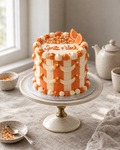 Spritz O'Clock Cake: a round cake in orange and white striped buttercream with two-tone orange and white shells, a hollow in the top filled with a pile of orange and gold sprinkles like a sprinkle pit, and two small sugar orange slices on the edge