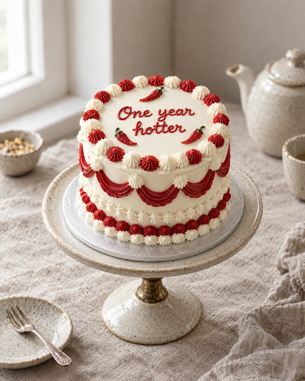 One Year Hotter Cake: a round cake in white buttercream with red and white shell borders and red drapes, and three small piped red chillies with green stalks on the top round the message