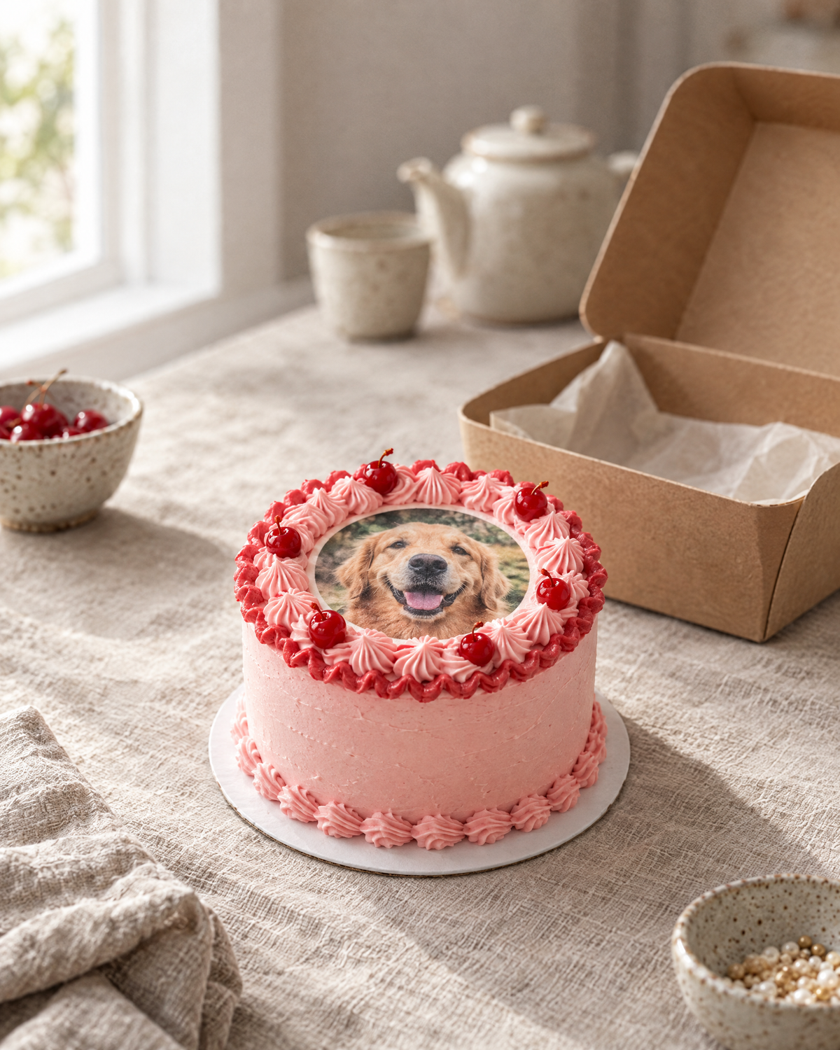Photo Lambeth Bento: a 4 inch bento cake in pink buttercream with a frilled red edge, a round edible photo print in the middle of the top (a smiling dog's portrait), and small red cherries round it