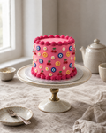 Lucky Charms Cake: a round cake in hot pink buttercream with small piped charms dotted all over the sides: blue and white evil eyes, yellow peace signs, little red cherries and tiny daisies, a deep pink shell border top and base