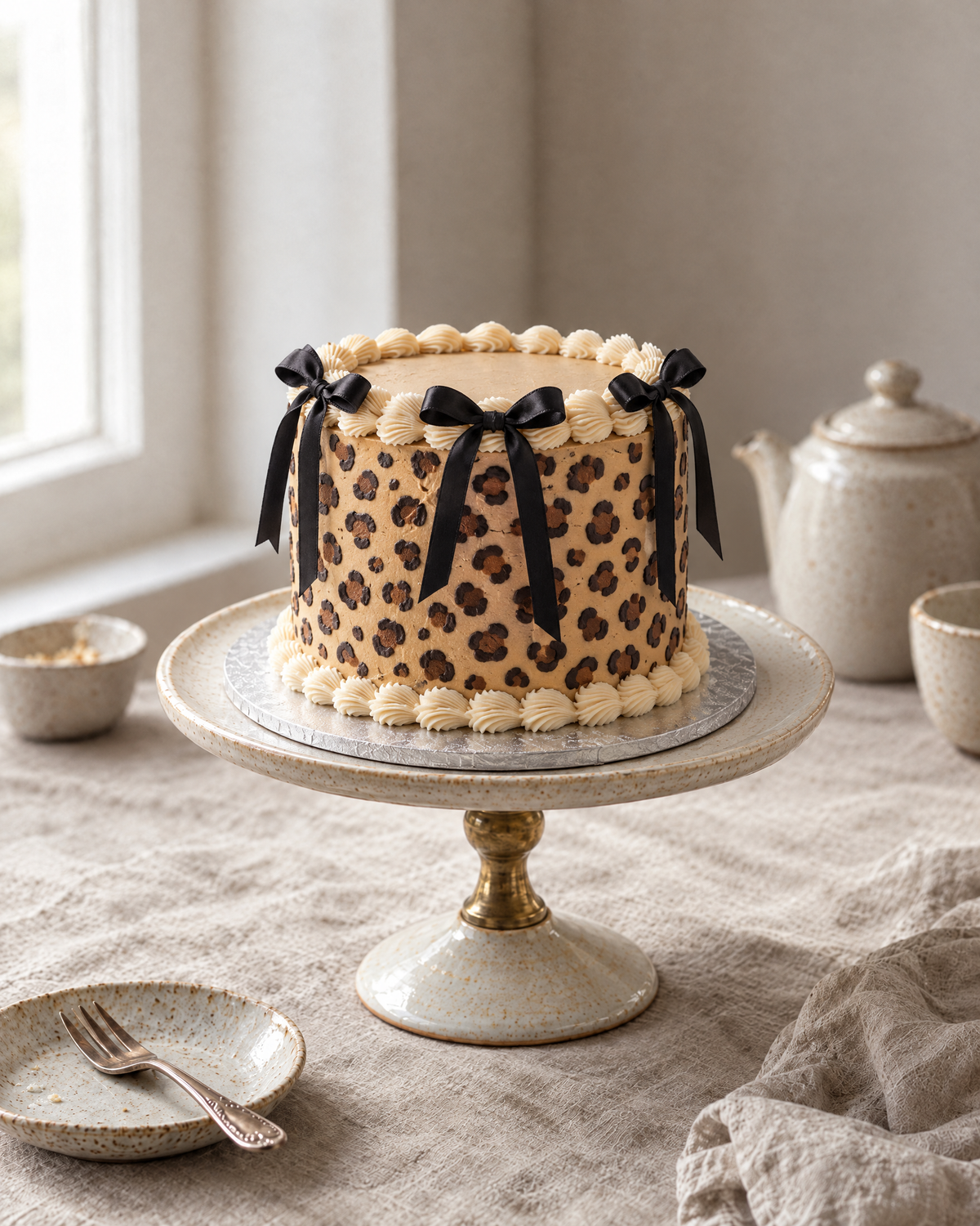 Leopard Lambeth Cake: a round cake in smooth caramel beige buttercream piped all over the sides with leopard print spots in dark brown and black, cream shell borders top and base, and three black satin ribbon bows tied at the top edge with their tails hanging down