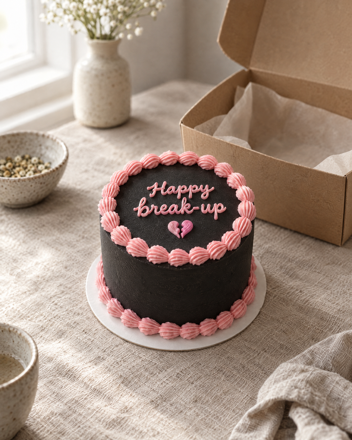 Happy Break-Up Bento: a 4 inch bento cake in smooth black buttercream with a pink shell border and a small piped pink broken heart