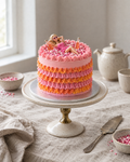 Party Doll Cake: a round cake in pink buttercream with ruffled pink and orange frills round the side, the top hollowed into a pile of pink sprinkles in which a fashion doll in a pink dress lies back as if lounging in a ball pit, two tiny bottles of spritz beside her