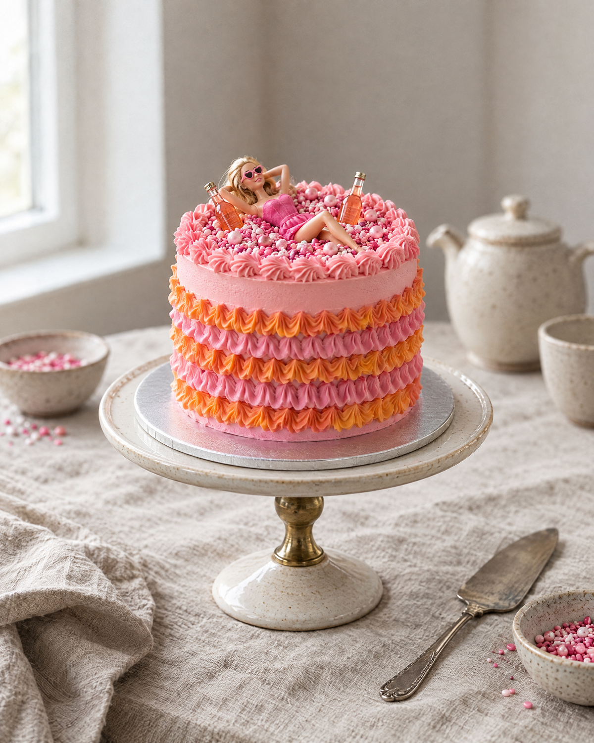 Party Doll Cake: a round cake in pink buttercream with ruffled pink and orange frills round the side, the top hollowed into a pile of pink sprinkles in which a fashion doll in a pink dress lies back as if lounging in a ball pit, two tiny bottles of spritz beside her