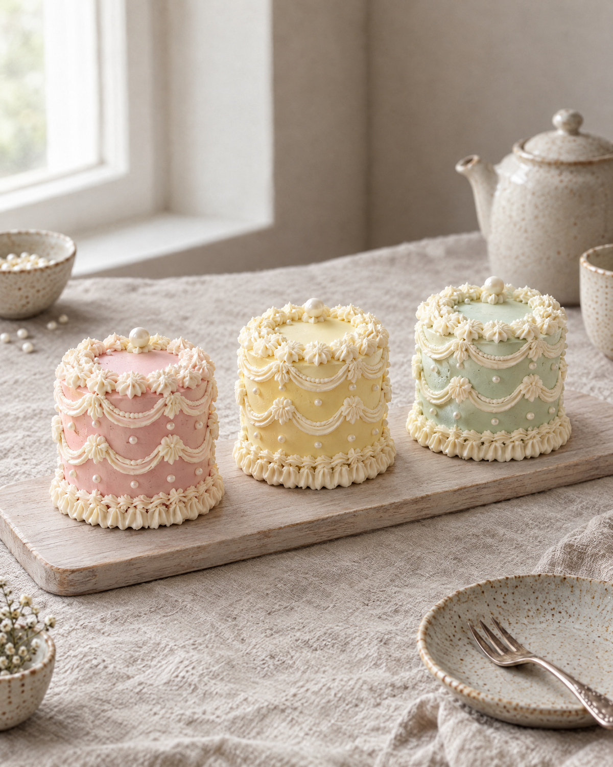 Mini Lambeth Trio: three tall 4 inch mini Lambeth cakes in a row on a long pale wooden board, one blush, one lemon, one mint, each with all-over shells, swags and ruffles and a sugar pearl on top