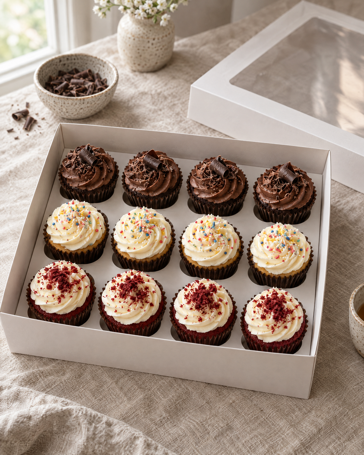Baker's Choice Box: twelve cupcakes in an open white box: three flavours in rows of four, chocolate swirls with a chocolate curl, vanilla swirls with sprinkles and red velvet swirls with cake crumb