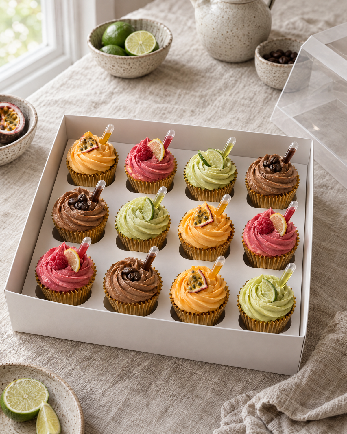 Mocktail Cupcakes: twelve cupcakes in gold foil cases with swirls in passionfruit orange, raspberry pink, lime green and espresso brown, each with a small clear pipette of syrup pushed into the top, a sugar citrus slice or coffee bean beside it