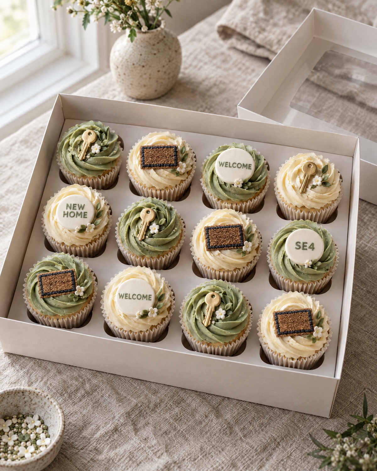 Welcome to Brockley Cupcakes: twelve cupcakes in white cases with sage and cream swirls, topped in turn with small sugar house keys, tiny sugar doormats and flat discs reading WELCOME, NEW HOME and SE4