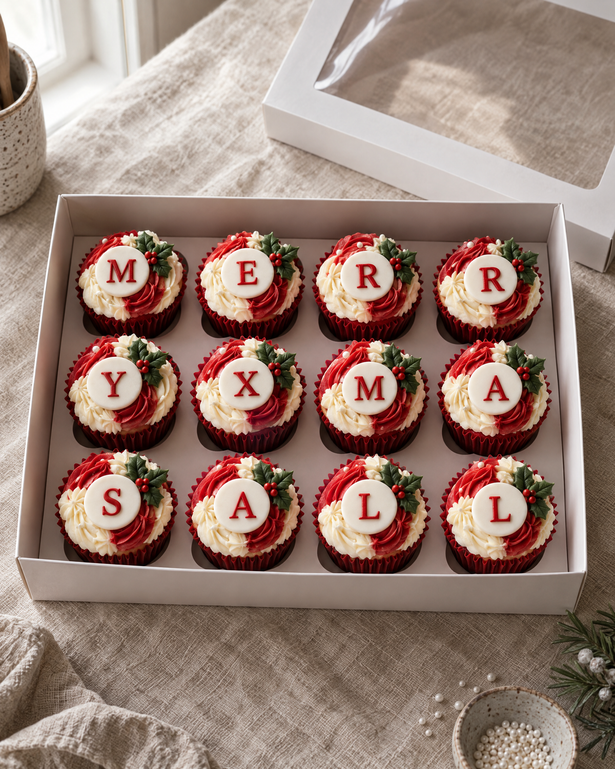 Christmas Message Cupcakes, twelve red and white swirled cupcakes in red cases with white plaques spelling MERRY XMAS ALL and holly on the rest