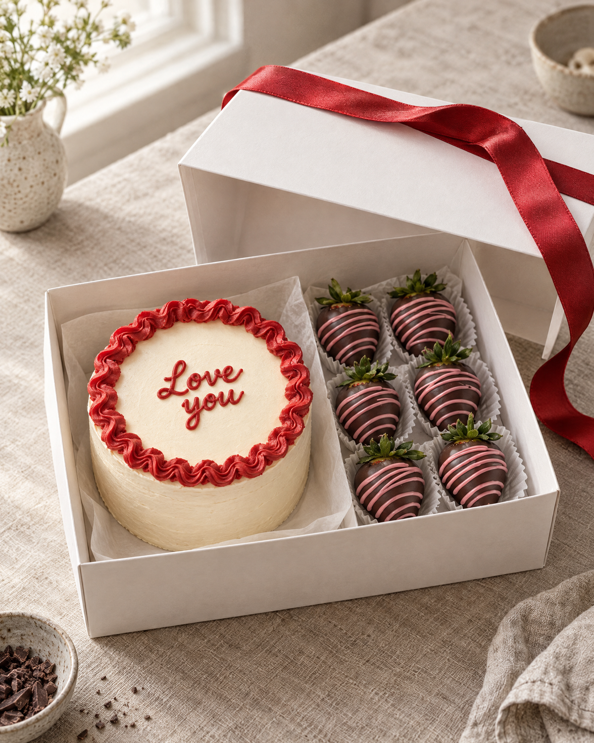 Bento and Strawberries Box: an open white gift box holding a 4 inch bento cake in white buttercream with a red frilled edge, beside six chocolate-dipped strawberries drizzled with pink chocolate, a red satin ribbon over the open lid