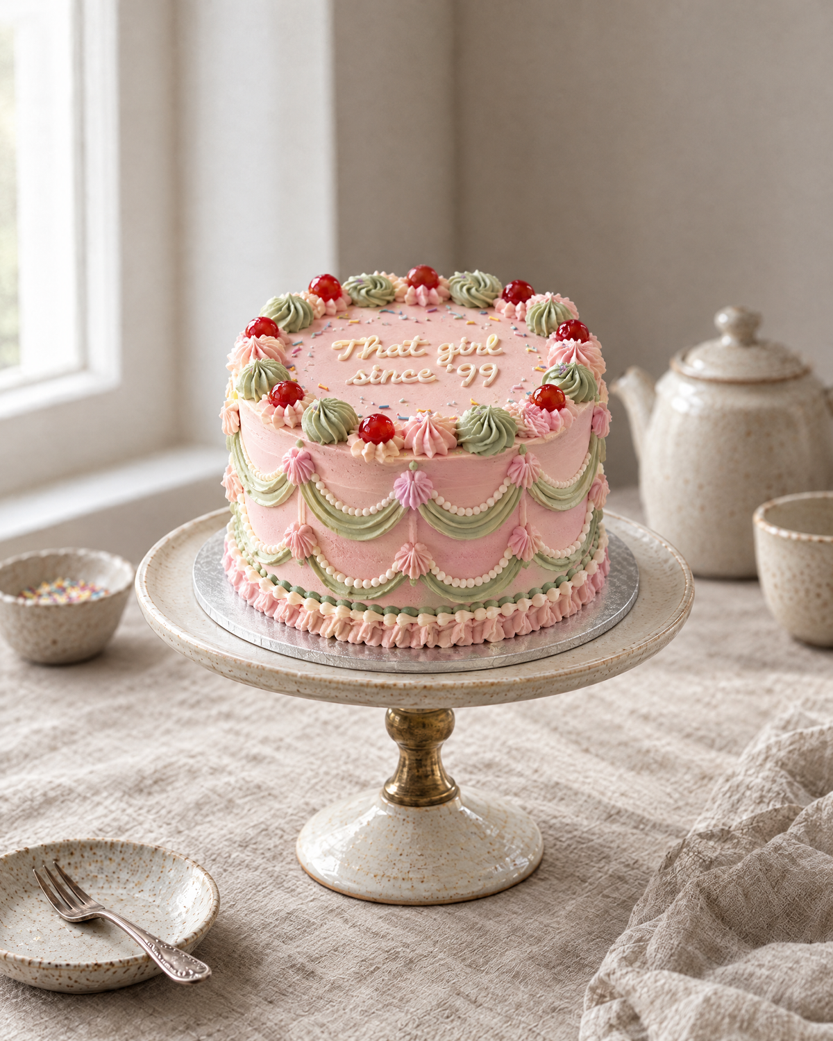 Since Year Lambeth Cake: smooth pink buttercream with green and pink rosettes round the top edge, red glacé cherries between them and a few colourful sprinkle strands on the top