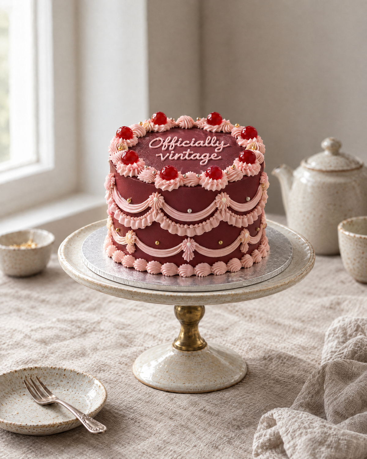 Officially Vintage Cake: smooth burgundy buttercream with blush pink swags and shells, gold sugar pearls and a ring of red glacé cherries