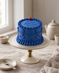 Tonal Lambeth Cake: a round cake in cobalt blue buttercream with every piece of piping in the same cobalt blue: swags, a ruffled skirt round the base, a shell crown on the top edge and the message, with one red glacé cherry with a stem on top