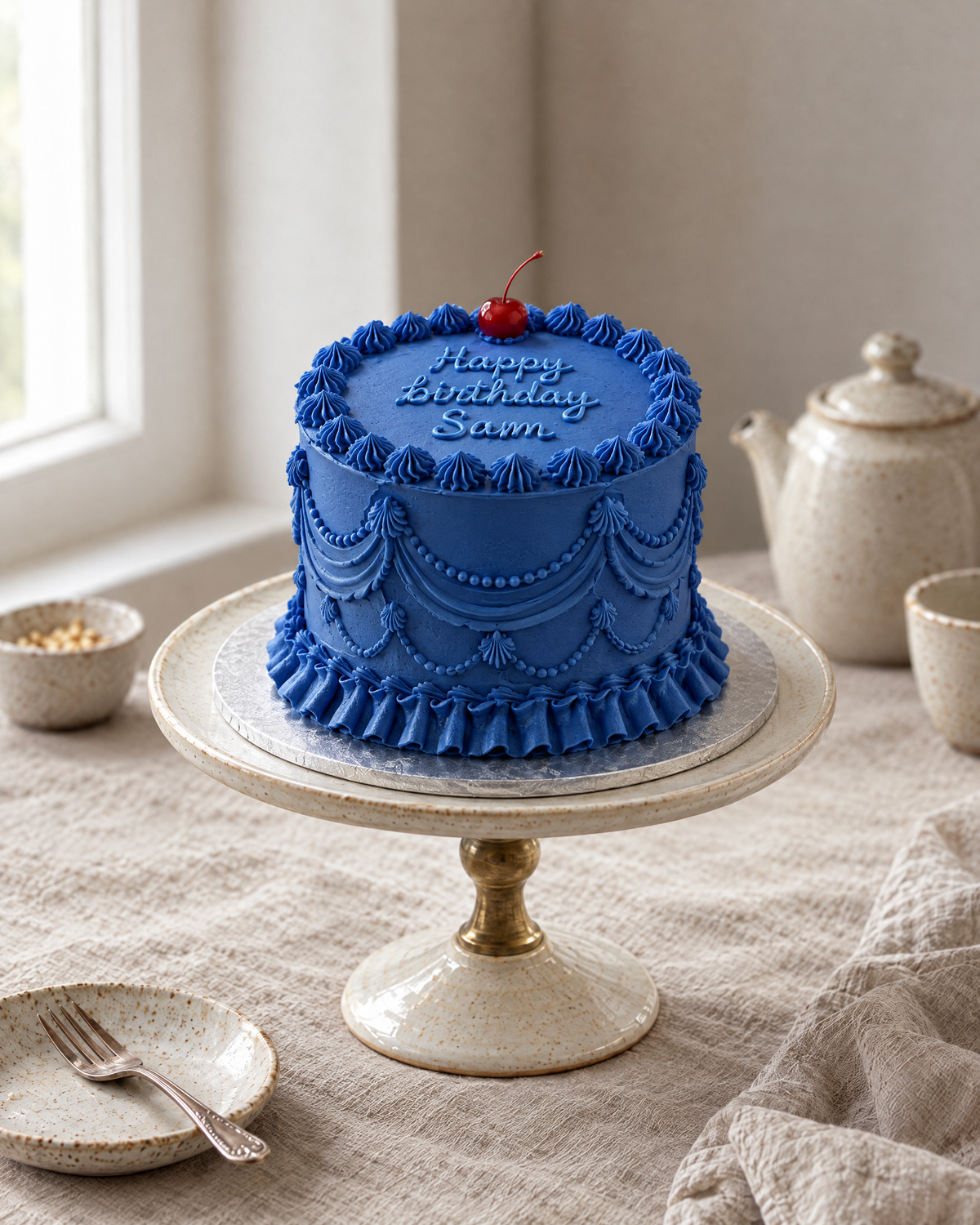 Tonal Lambeth Cake: a round cake in cobalt blue buttercream with every piece of piping in the same cobalt blue: swags, a ruffled skirt round the base, a shell crown on the top edge and the message, with one red glacé cherry with a stem on top