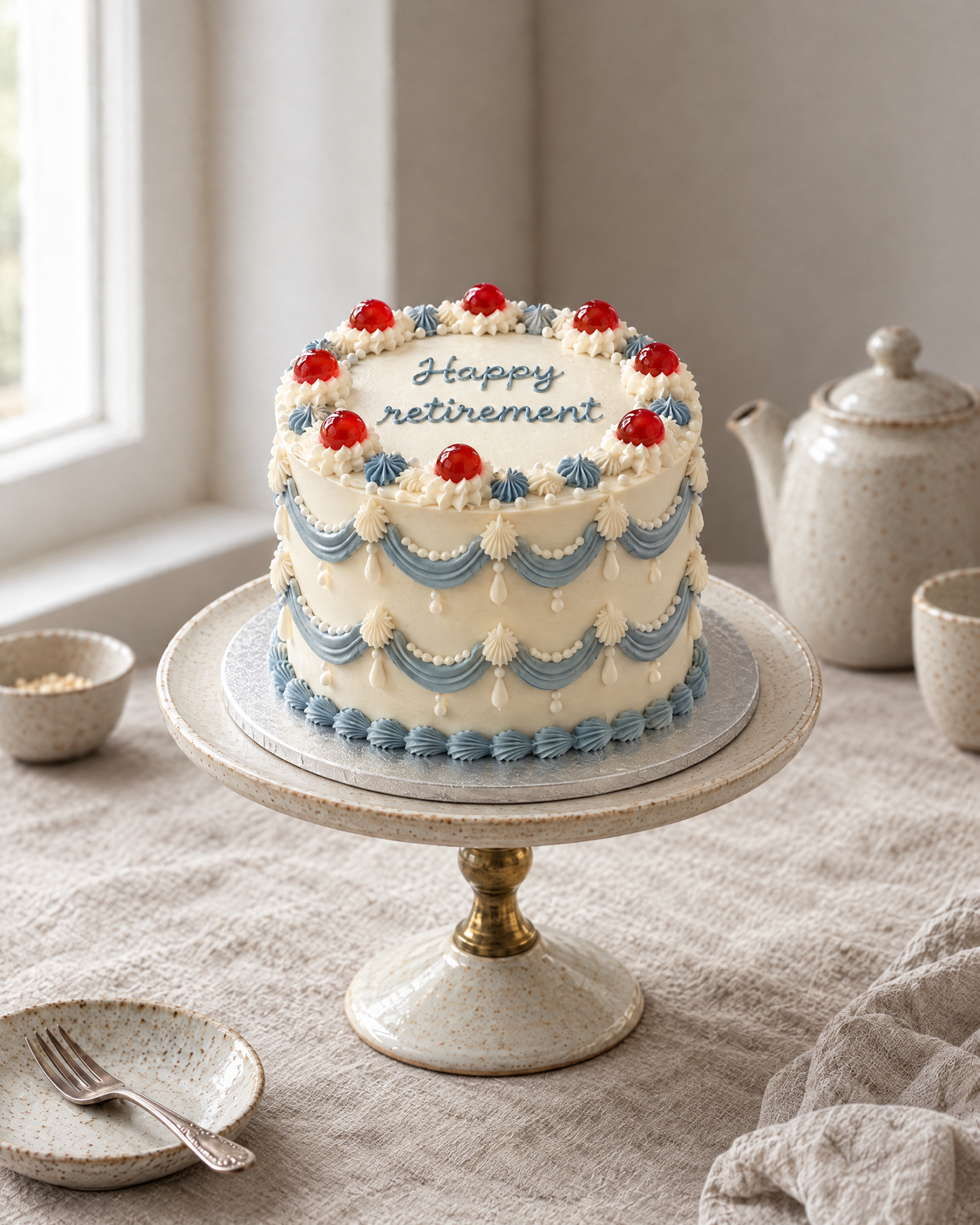 Retirement Lambeth Cake: smooth cream buttercream with French blue swags and shells, cream drop lines, and red glacé cherries round the top edge