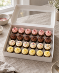 Mini Cupcakes: twenty-four bite-size mini cupcakes in a white box with a clear window, six each of four flavours: pink swirls, chocolate swirls, cream swirls with sprinkles and lemon swirls, in neat rows of six