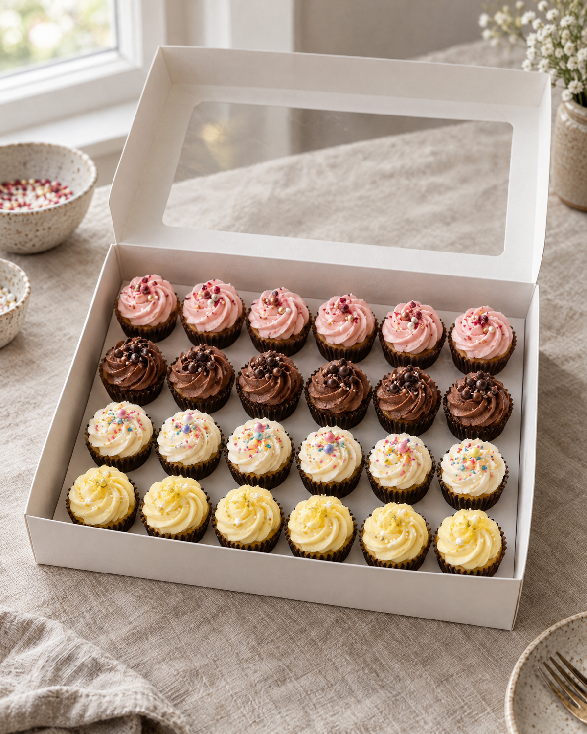 Mini Cupcakes: twenty-four bite-size mini cupcakes in a white box with a clear window, six each of four flavours: pink swirls, chocolate swirls, cream swirls with sprinkles and lemon swirls, in neat rows of six