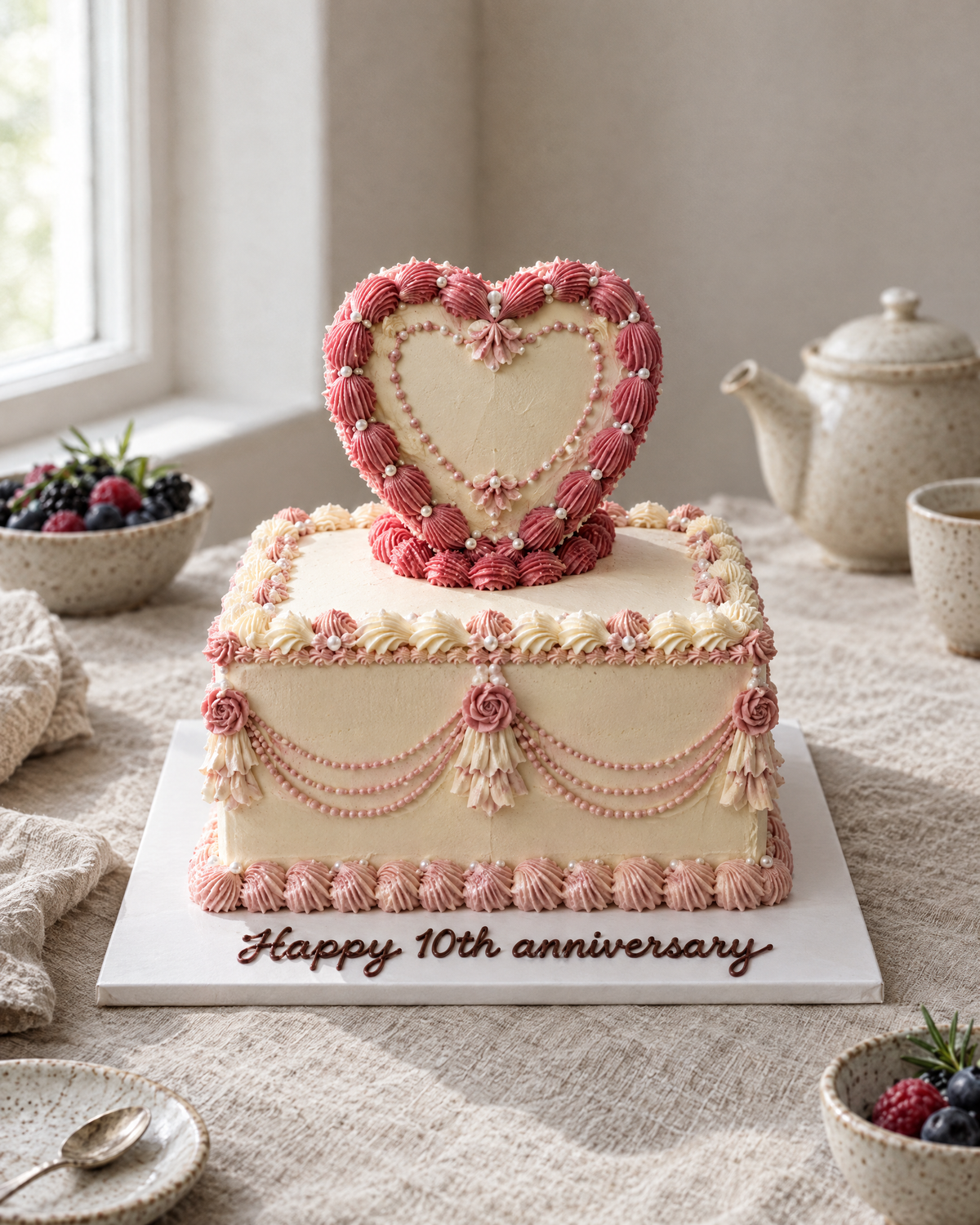 Love Letter Cake: a square 8 inch cake in ivory buttercream with blush string lace and swags, and standing upright on top of it a 6 inch heart-shaped cake on its edge, facing the camera, framed in berry pink shells, with sugar pearls