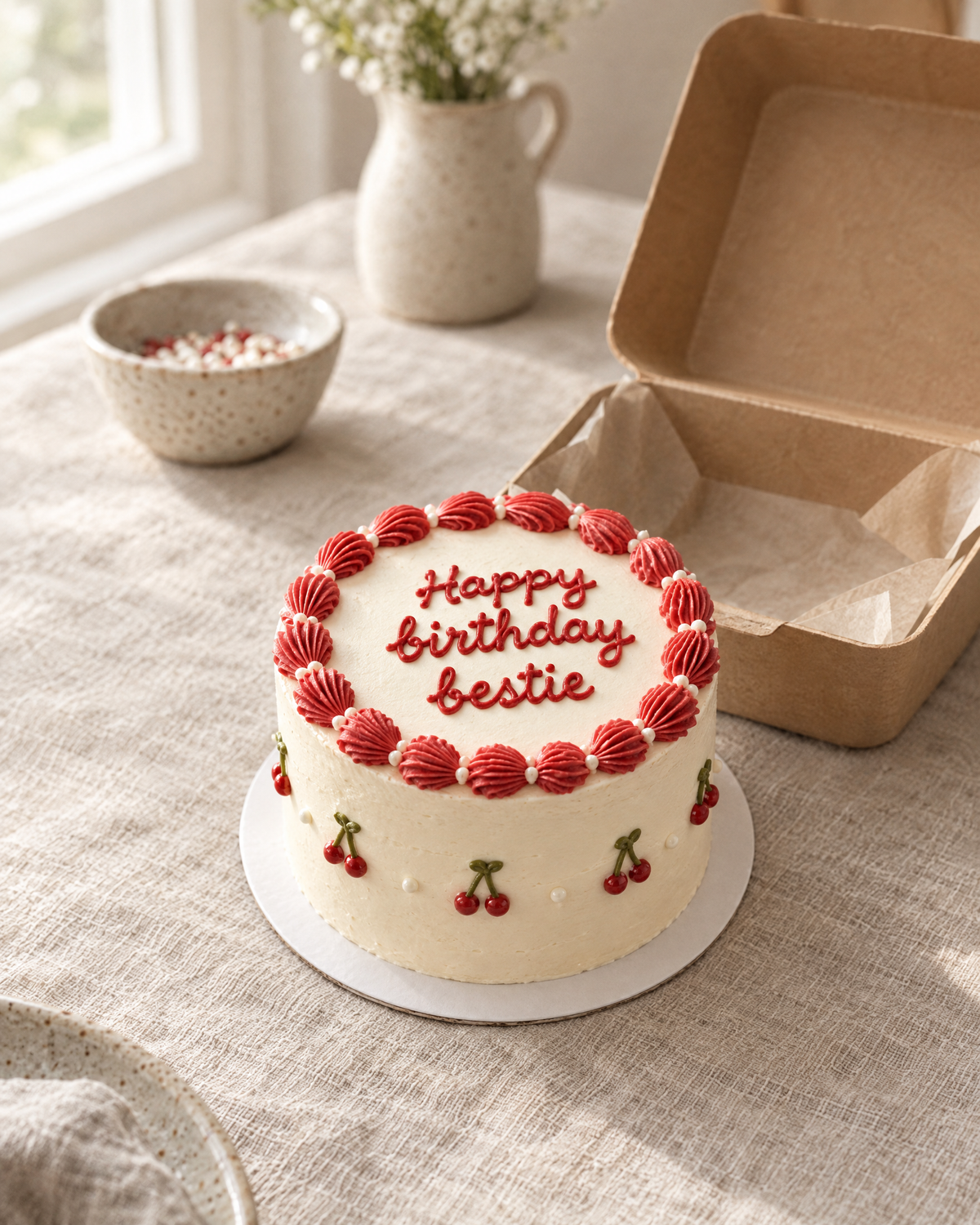 Bestie Bento: a 4 inch bento cake in smooth white buttercream with a red shell border, tiny piped red cherries round the side