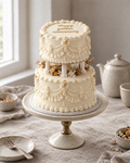 Golden Anniversary Pillar Cake: a two-tier cake, a 6 inch tier raised on four short white pillars above an 8 inch tier, both in ivory buttercream with ivory swags, ruffles and lace, gold leaf on the swag points and a few dried flowers between the tiers