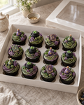 Witches' Brew Cupcakes, twelve cupcakes with green and purple swirls topped with sugar potion bottles, little cauldrons and spell books