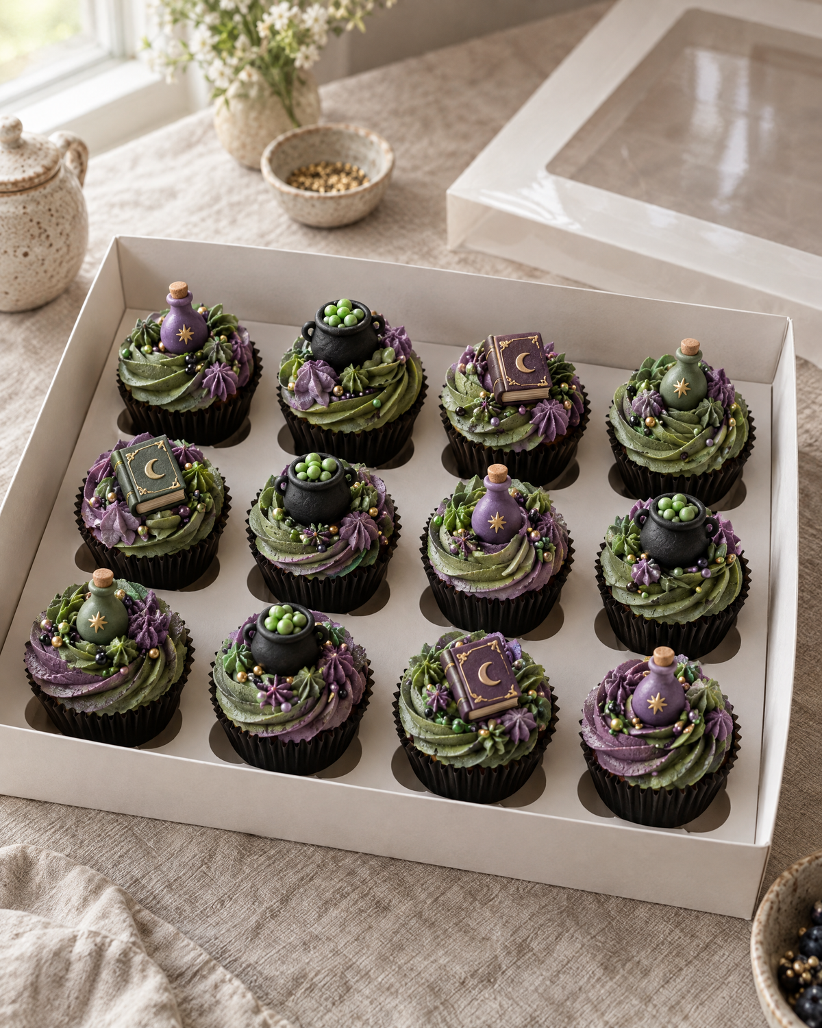 Witches' Brew Cupcakes, twelve cupcakes with green and purple swirls topped with sugar potion bottles, little cauldrons and spell books