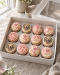 Photo Cupcakes: twelve cupcakes in white cases with pink and cream swirls; three are topped with round edible photo discs showing a smiling dog, and the rest with pink sugar hearts and sprinkles