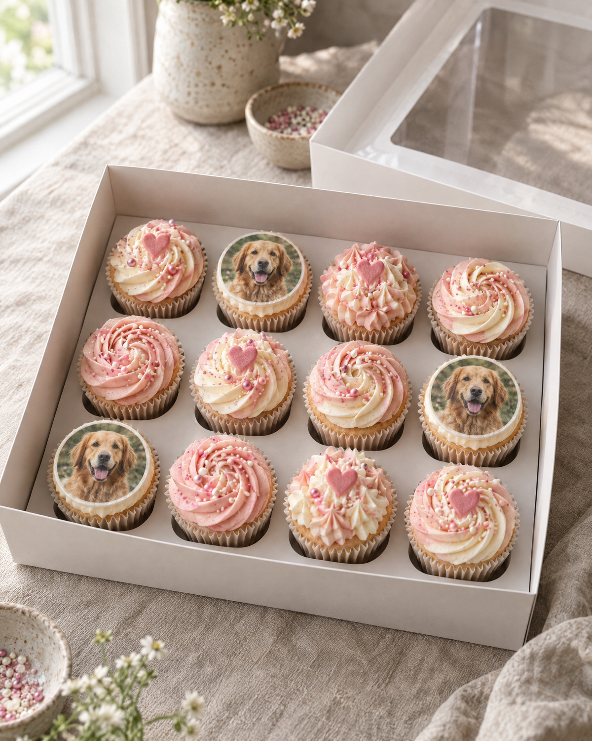 Photo Cupcakes: twelve cupcakes in white cases with pink and cream swirls; three are topped with round edible photo discs showing a smiling dog, and the rest with pink sugar hearts and sprinkles
